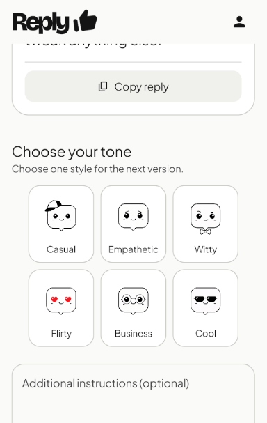 ReplyLike showing its Casual, Empathetic, Witty, Flirty, Business, and Cool tones